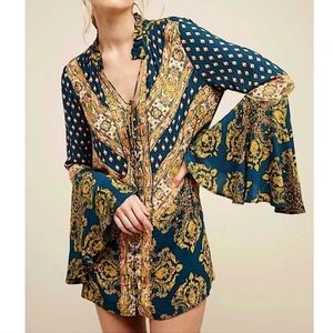 FREE PEOPLE Magic Mystery Tunic Dress Navy Dark Teal Paisley Small EUC